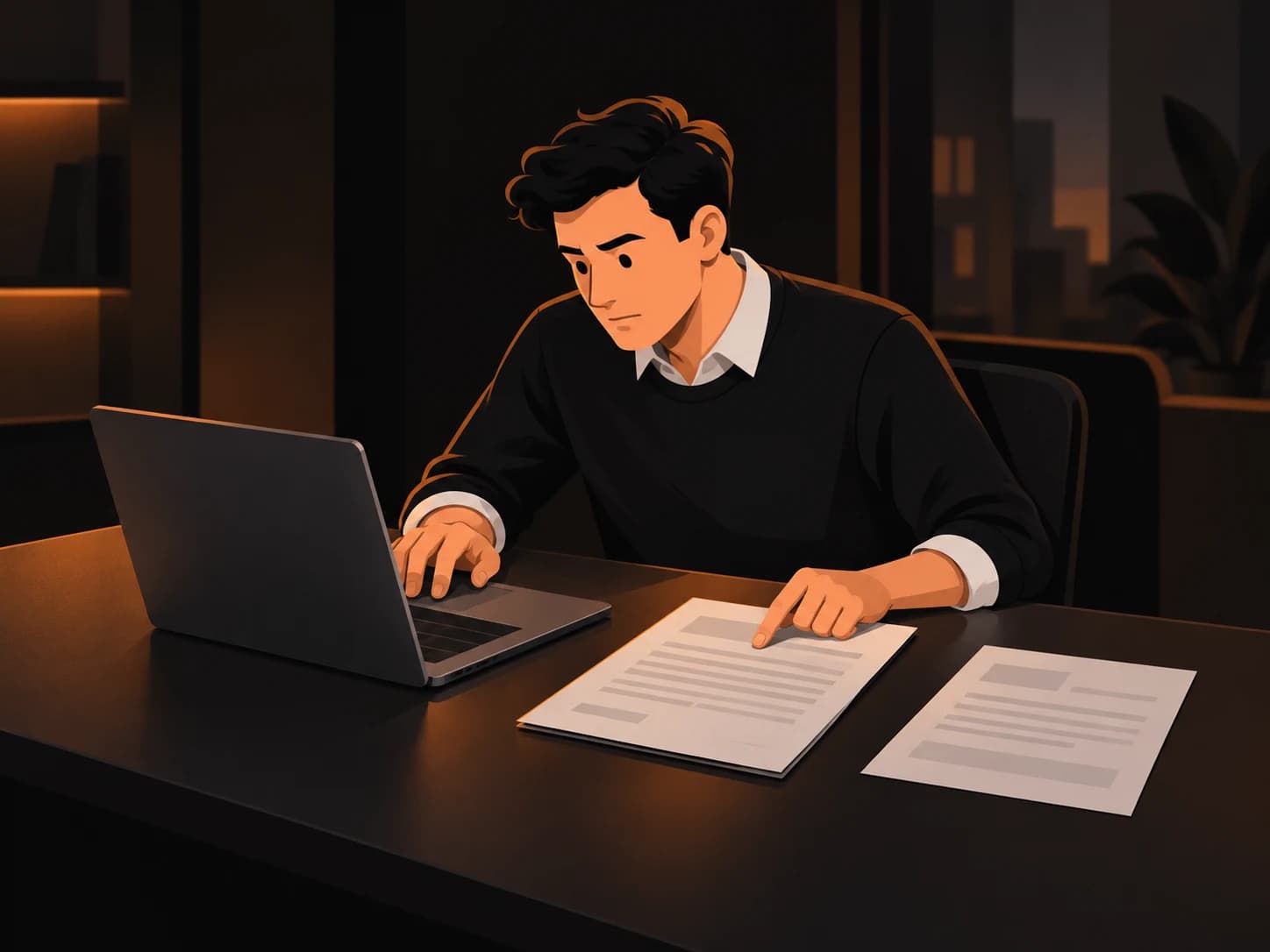 Ilustracja: pracownik porównuje dane w laptopie i papierowej umowie
