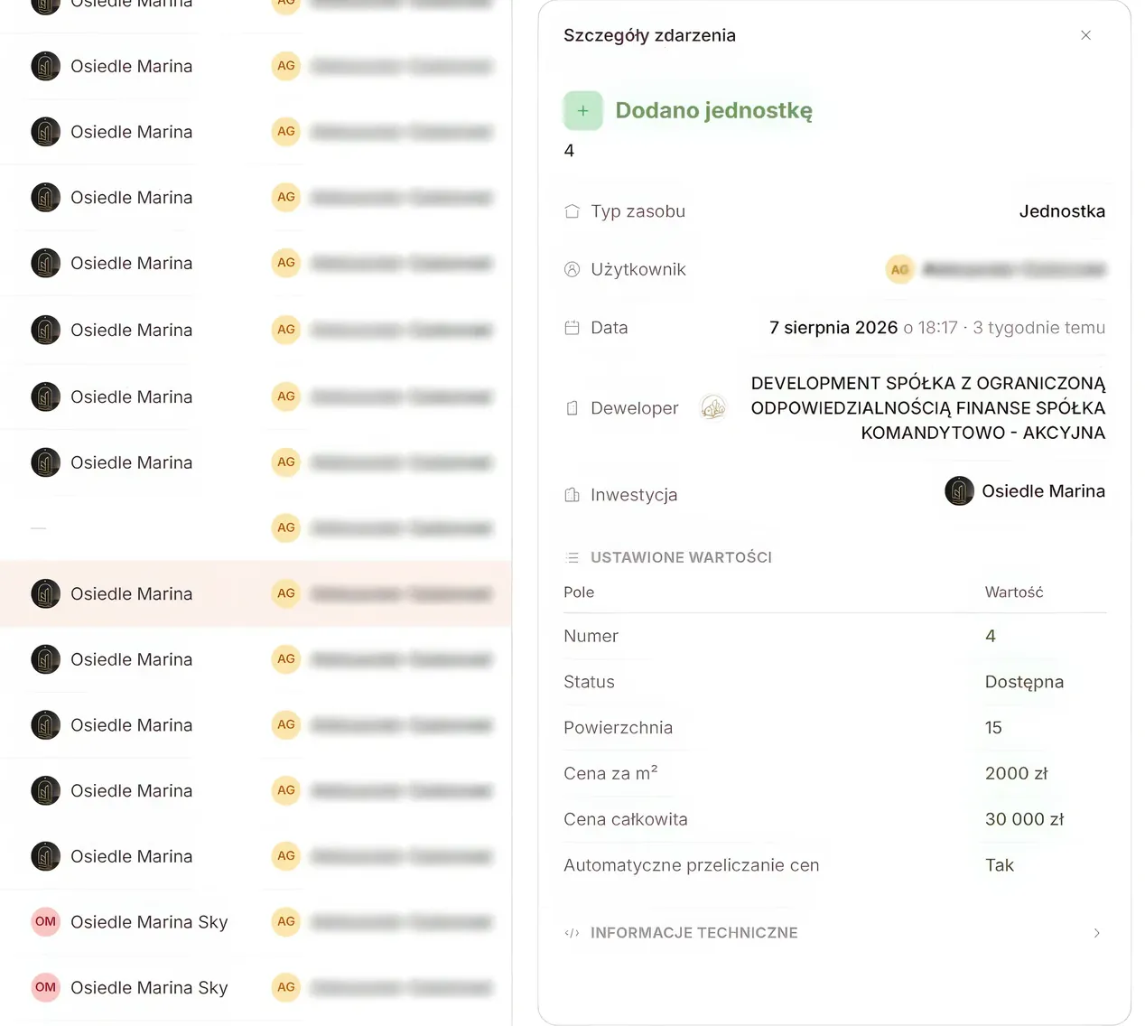 Szczegóły zdarzenia w rejestrze PanelDlaDewelopera.pl: użytkownik, data, inwestycja i zmienione wartości lokalu